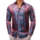 Luxury Shirts Men's Silk Satin Pink Flower Long Sleeve Slim Fit Blouses Trun Down Collar Tops Breathable Clothing MartLion 0684 S 