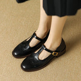 Spring Genuine Leather Women Pumps Shoes Round Toe Chunky Heel Retro Mary Janes Block Leather Shoes Shallow MartLion   