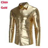 Men's Disco Shiny Gold Sequin Metallic Design Dress Shirt Long Sleeve Button Down Christmas Halloween Bday Party Stage Mart Lion CS09 Gold US Size S 