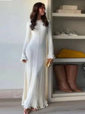 Ladies Elegant Flared Sleeve Knitted Dress Women Crew Neck White Slim Robes Summer Female Party Dresses MartLion   