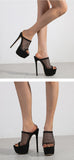 Liyke Peep Toe Platform Heels Black Mesh Slippers Summer Sandals Slip On Slides Women Mule Party Stripper Shoes Mart Lion   