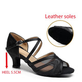 Black Mesh Latin Dance Shoes Hollow Breathable Indoor Dance Training High-heeled Sandals Tango Jazz Party Ballroom Performance MartLion Leather soles 5.5cm 39 