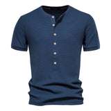 Outdoor Casual T-Shirt Men's Pure Cotton Breathable Knitted Short Sleeve Button-Down Mart Lion Navy Blue EU size S 