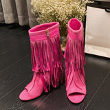 Liyke Peep Toe Pink Tassels Fringe Ankle Boots For Women Spring Autumn Wedge Heels Western Shoes De Mujer Mart Lion   