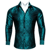 Barry Wang Exquisite Blue Silk Paisley Men's Shirt Four Seasons Lapel Long Sleeve Embroidered Leisure Fit Party Wedding MartLion   