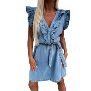 Women Ruffle Decoration Denim Dresses Button Deep V Neck Waist Lace-up Dress MartLion   