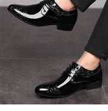 Retro Black Glitter Leather Shoes Men's Low-heel Pointed Dress Lace-up Low Casual MartLion   