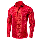 Hi-Tie Jacquard Silk Men's Shirts Lapel Long Sleeve Wedding Shirt Cowboy Blue Gold Green Red White Black MartLion   