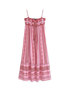 Female Pink Embroidery Dress Square Collar Sleeveless Backless Long Summer Dresses Beach Style Women's Dress MartLion   