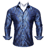 Barry Wang Exquisite Blue Silk Paisley Men's Shirt Four Seasons Lapel Long Sleeve Embroidered Leisure Fit Party Wedding MartLion   