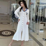 Elegant Slim Knitted Long Dress Women's Letter Single Breasted Long Sleeved MartLion WHITE LYQ-266 S 