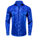 Hi-Tie Navy Blue Gold Paisley Floral Men's Silk Shirt Long Sleeve Casual Shirt Jacquard Party Wedding Dress MartLion CY-1618 S 