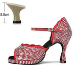 All Diamond Shining Latin Dance Shoes Women's Party Dancing Sandals Summer High Heel Jazz Tango Waterproof MartLion Red heel 5.5cm 45 