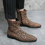 Men's Ankle Boots Suede Leather Leopard Pointed Toe Dress Shoes Zip Motorcycle Casual Party Footwear Mart Lion   