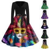 Dresses For Women Daily Ankle-Length Round Collar Long Sleeves Carnival Printed Ladies Frocks Robes MartLion   