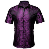 Barry Wang Luxury Purple Floral Men's Summer Silk Casual Shirt Stylish Lapel Pattern Short Sleeve Shirt Blouse Fit MartLion CY-0213 S 