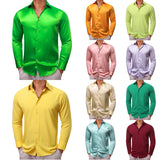 Barry Wang Shirts Men's Long Sleeve Silk Solid Satin Red Green Blue Pink Purple Gold Casual Blouses Luxury Clothing MartLion   