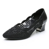Summer Hollow Out Genuine Leather Pumps Women Shoes Med Heels Square Diamond Mesh Ladies Office  Crystal MartLion black 41 