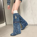 Denim Workwear Pocket Trouser Legs Show Large Knee Length Boots Women's Shark Lock Sleeve Skirt MartLion L489-blue 36 