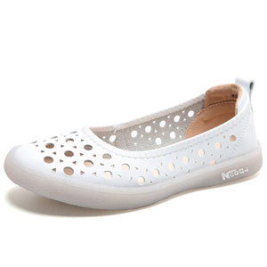 Genuine Leather Women Shoes Trendy Slip On Soft Sole Casual Summer Hollow Breathable Sport Shoes MartLion White A132 6 