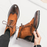 Patchwork Leather Boots Men's Suede And Split Leather Chelsea Leisure Formal Oxfords Shoes For Winter Mart Lion   