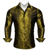 Designer Men's Shirts Silk Gold Embroidered Paisley Flower Long Sleeve Casual Blouses Slim Fit Clothing Lapel Tops Barry Wang MartLion 0610 S 