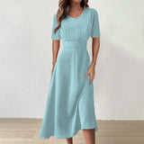 Women Dress Casual Print Mid-Calf Dresses V-Neck Short Sleeves Frocks Robes MartLion Light Blue M United States