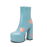 Women's Platform High Heel Boots Thick Heart Printed Ankle Waterproof and Short MartLion blue 34 