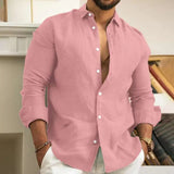 Men's Casual Shirts Linen Tops Loose and Comfortable Long Sleeve Beach Hawaiian Shirts MartLion Pink Shirt S 
