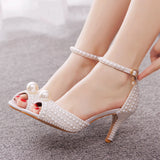 Crystal Queen White Pearl Sandals Women Open Toe High Heels Lady Luxury Wedding Shoes Banquet Dress Stiletto MartLion   