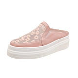 Krazing Pot Air Mesh Round Toe Thick Bottom Platform Slip on Mules Embroidery Soft Outside Slippers L50 MartLion Pink 4 