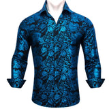 Luxury Blue Shirts Men's Silk Embroidered Paisley Flower Long Sleeve Slim FIT Blouses Casual Tops Lapel Cloth Barry Wang MartLion 0592 S 