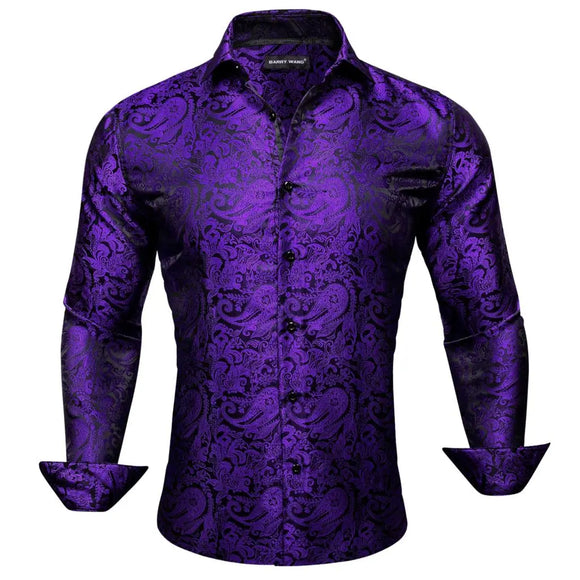  Desinger Shirts Men's Silk Long Sleeve Purple Paisley Sping Autumn Slim Fit Blouses Lapel Casual Tops Barry Wang MartLion - Mart Lion