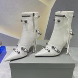 Women High Heels Boots Pointed Toe Stilettos Knee High Ladies Rivet Retro Pumps Cosplay Ankle Mart Lion White short 38 