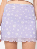 Women Floral Printed Mesh Summer Skirt Bodycon Polyester Mini Short Elastic Waist Casual MartLion Light Purple S 