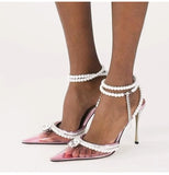 Clear Plexiglass Women Sandals Crystal Pearls Ankle Strap High heels Gladiator Spring Summer Party Prom Shoes MartLion   