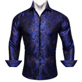 Luxury Blue Shirts Men's Solid Satin Embroidered Paisley Flower Long Sleeve Slim Fit Blouses Casual Lapel Tops Barry Wang MartLion   