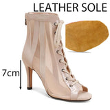 Fish Mouth Strap Jazz Boots Stiletto Heel Hollow Mesh Low Tube Sandals Latin Dancing Shoes Party Ballroom Performances MartLion Apricot 7cm leather 41 
