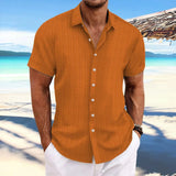 Cross-border men's linen striped jacquard casual loose short-sleeved shirt MartLion orange S 