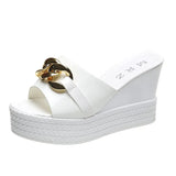 Chain High Heels Slippers Women Wedding Shoes Summer White Black Platform Wedges Slides Ladies Beach Slippers MartLion White 40