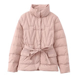 Neck Belted Duck Down Puffer Jackets Women Casual Winter Warm Short Coat Female Outwear Clothes MartLion Pink S 