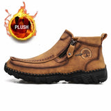 Men's Boots Autumn Winter Handmade High-top Casual Shoes Outdoor Non-slip Hiking Men Shoes Optional Plush Warm Ankle Boots MartLion Brown(Plush) 38(24.0CM) 