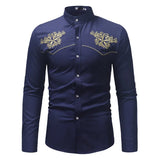 Men's Cowboy Western Embroidered Shirts Long Sleeve Stand Collar Shirts Casual Daily Elastic Work Chemise MartLion blue US S 