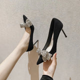 Black Women's Bowknot Pumps Strappy Rhinestone Open Toe Shoes High Heels Work Dress MartLion   