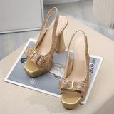 Liyke Runway Style Glitter Sequined Bowknot Women Pumps Peep Toe Back Strap Gold Sandals Platform Heels Wedding Prom Shoes Mart Lion   