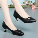 women cute sweet black leather square heel shoes for office classic pointed toe office party pumps MartLion eb 36 