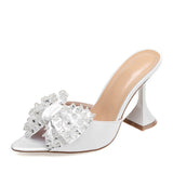 Liyke Pointed Toe 11CM Strange High Heels Slippers Women Crystal Bowknot Satin Summer Sandal Shoes Mule Slides Mart Lion White 35 