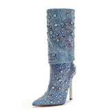 Women's Denim Metal Stiletto Pleated Sleeve Boots Rhinestone Banquet high heel party shoes MartLion wathet 41 