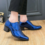 Classic Blue Glitter Leather Men's Dress Shoes Pointed Toe  Height-increasing High Heels Formal MartLion   