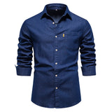 Cotton Men's Denim Shirt Solid Color Single Pocket Casual Long Sleeve Shirt MartLion DarkBlue S 